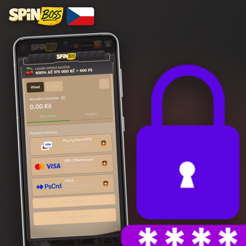 Spinboss Kasino vklad okamžitě a bez poplatků – pokladna s ikonami Visa, Mastercard, Skrill a Bitcoin