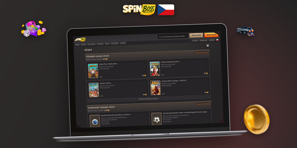 Spinboss Kasino na počítači – rozhraní klienta se sloty a panelem účtu na monitoru
